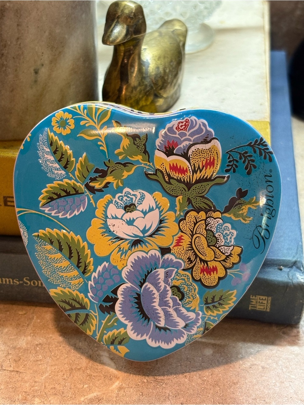 Empty Brighton Tin Heart Shaped Jewelry Box Tin Blue Floral 4โx4โ
